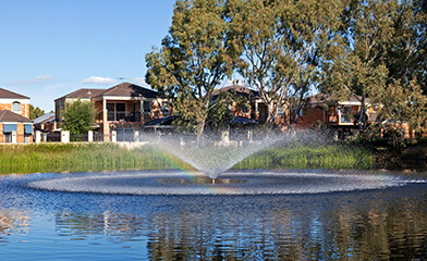 Lake with fountain in front of houses